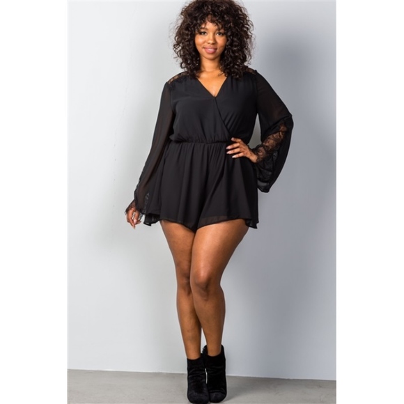 Lacey Bell Sleeve Plus Size Romper (Black) - Picture 2 of 6